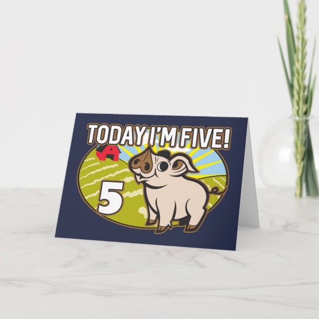 Kid's 5th Birthday Today I'm Five! Cute Pig Card (Front)