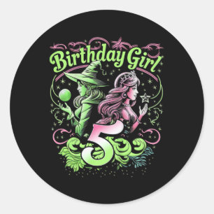 Kids 5th Birthday Witch Pink And Green 5 Years Old Classic Round Sticker