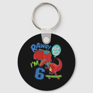 Kids 6th Birthday 6 Year Old Boy Red T-rex Skatebo Keychain
