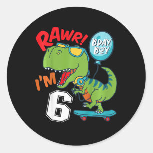 Kids 6th Birthday 6 Year Old Boy T-rex Skateboardi Classic Round Sticker