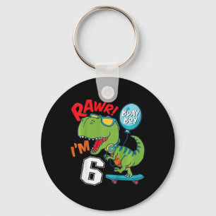 Kids 6th Birthday 6 Year Old Boy T-rex Skateboardi Keychain