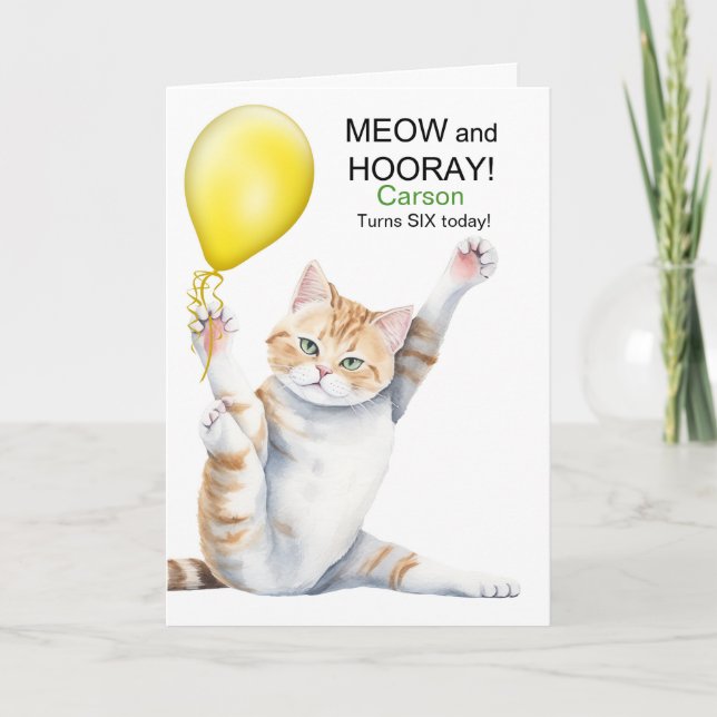 Kids 6th Birthday Cute Cartoon Cat with Name Card (Front)