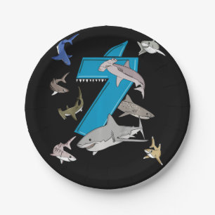 Kids 7th Birthday Boys Shark White Shark Paper Plate