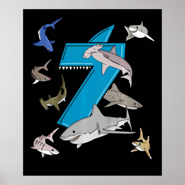 Kids 7th Birthday Boys Shark White Shark Poster (Front)