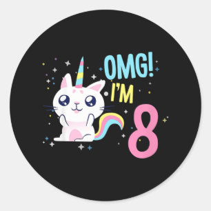 Kids 8 Year Old Girl Birthday Outfit Unicorn Cat Classic Round Sticker