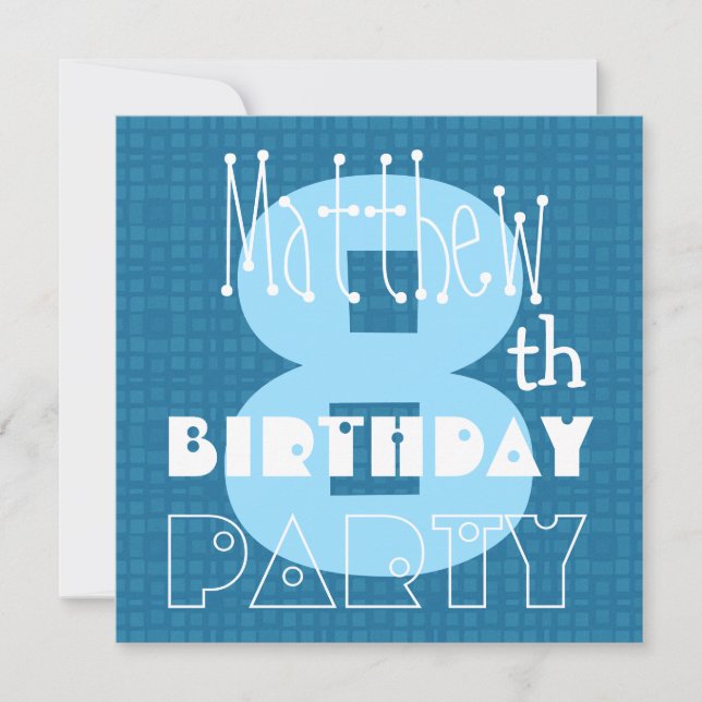 Kid's 8th Birthday Eight Year Old Blue White 008 Invitation (Front)