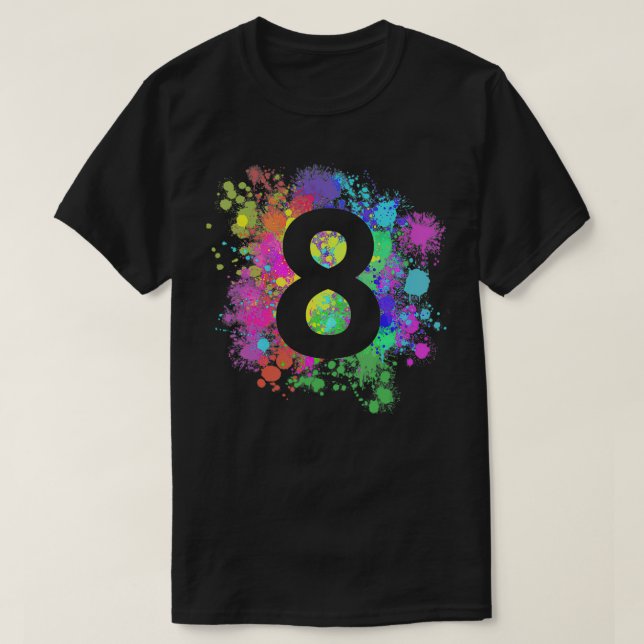 Kids 8th Birthday Paint Splashes Splatter Colorful T-Shirt (Design Front)