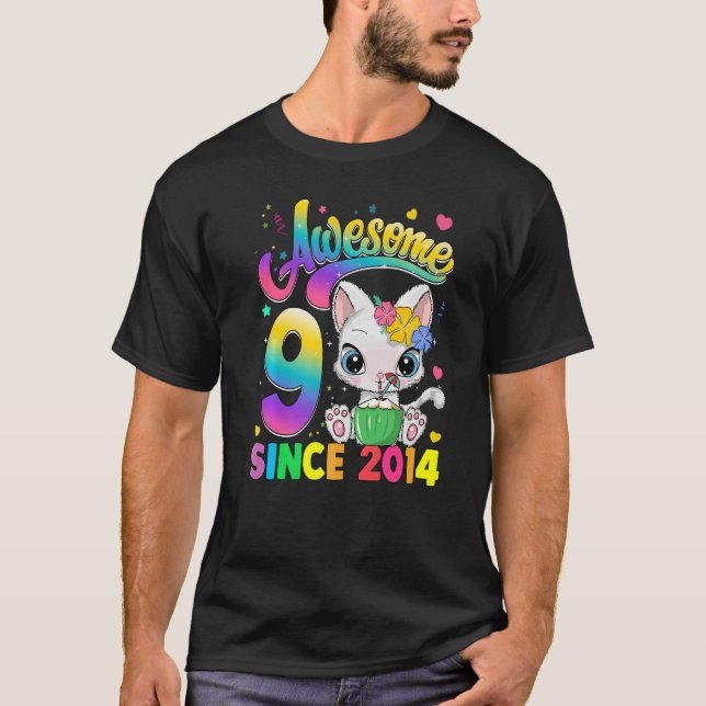Kids 9 Year Old Cat Awesome Since 2014 Cat 9th Bir T-Shirt (Front)