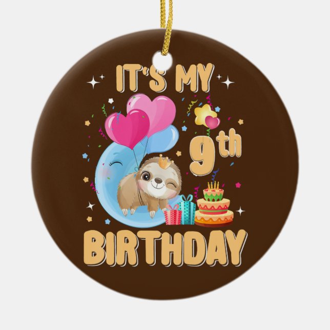Kids 9 Year Old Sloth 9th Birthday Girl Party Ceramic Ornament (Front)