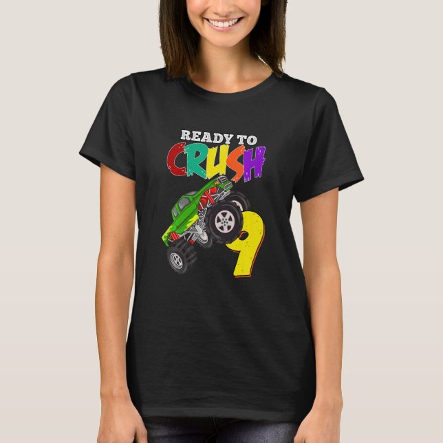 Kids 9th Birthday Boys Monster Truck 9 Year Old Ra T-Shirt (Front)