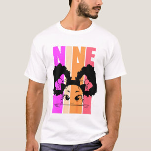 Kids 9th Birthday Cute Black Girl Afro Puffs Silho T-Shirt