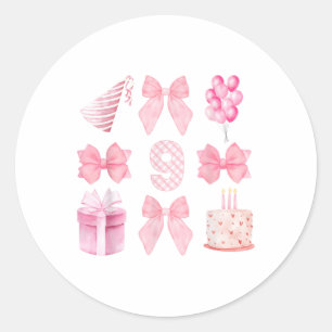 Kids 9th Coquette Birthday Party Nine Years Old Gi Classic Round Sticker