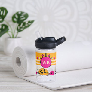 Kids add initials ladybugs orange pink water bottle