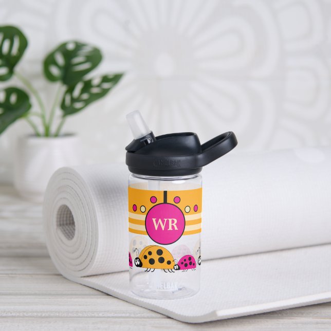 Kids add initials ladybugs orange pink water bottle (Yoga)