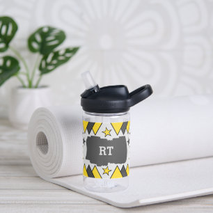 Kids add initials stars triangles grey yellow water bottle