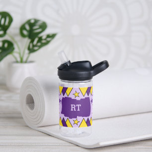 Kids add initials stars triangles purple yellow water bottle