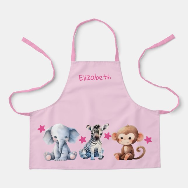Kid's add name cute animals stars pink apron (Front)