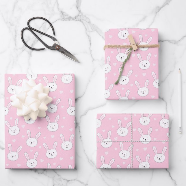 Kids Adorable Bunny Rabbit Easter Pink Hearts Wrapping Paper Sheet (Front)