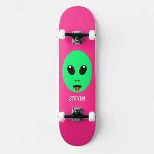 Kids Alien Head Green Pink Personalized Name Skateboard