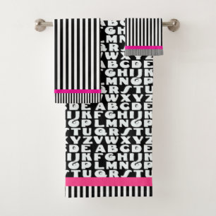  Kids Alphabet Black Stripes Hot Pink         Bath Towel Set