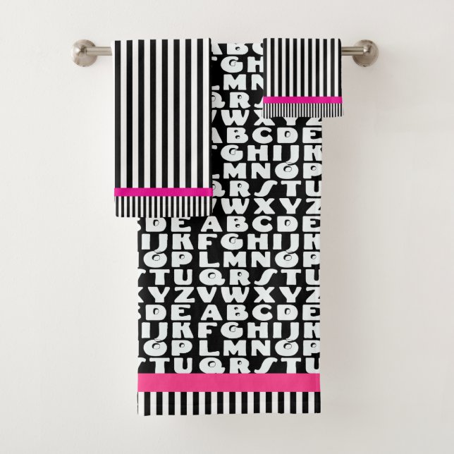  Kids Alphabet Black Stripes Hot Pink         Bath Towel Set (Insitu)