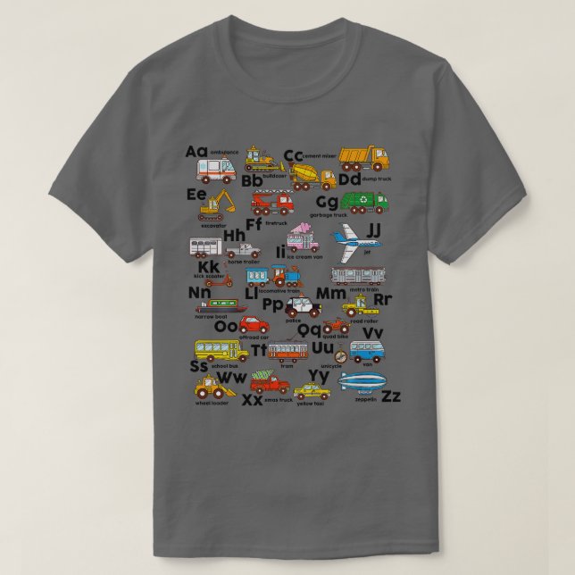 Kids Alphabet Vehicles ABCs Upper Lower Case Learn T-Shirt (Design Front)