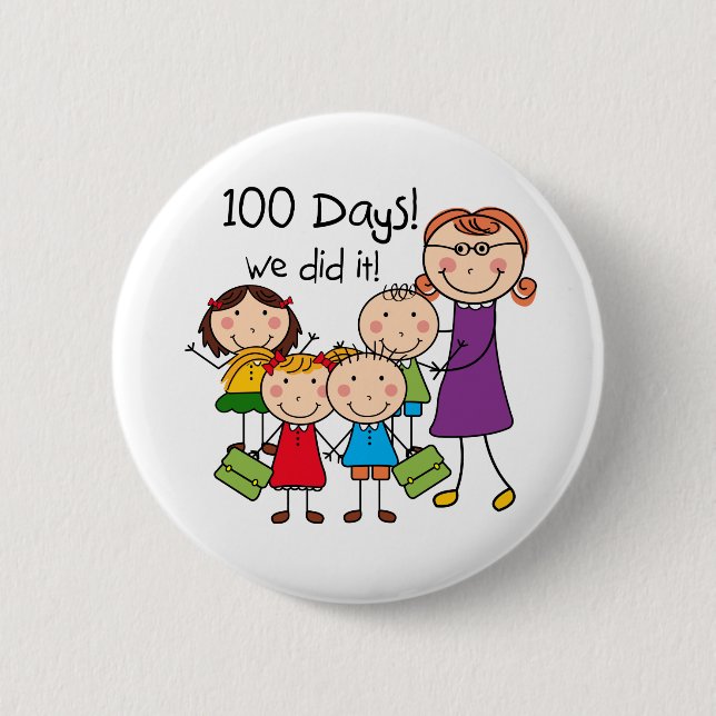Kids and Female Teacher 100 Days 2 Inch Round Button (Front)