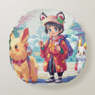  Kids and Puppies Celebrating Friendship and Succe Round Pillow