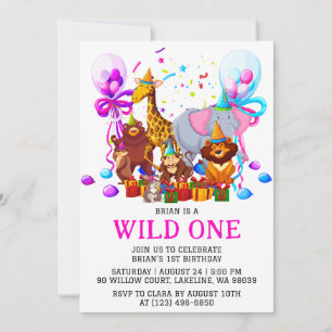 kids animal jungle wild one first birthday invitation