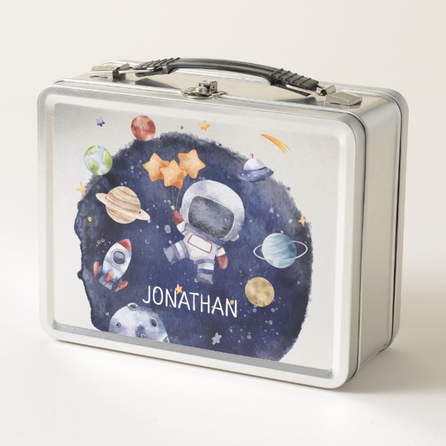 Kids Astronaut Galaxy Personalized Name Metal Lunch Box (Front)