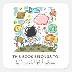 Kid's Astronaut Outer Space Bookplate Square Sticker