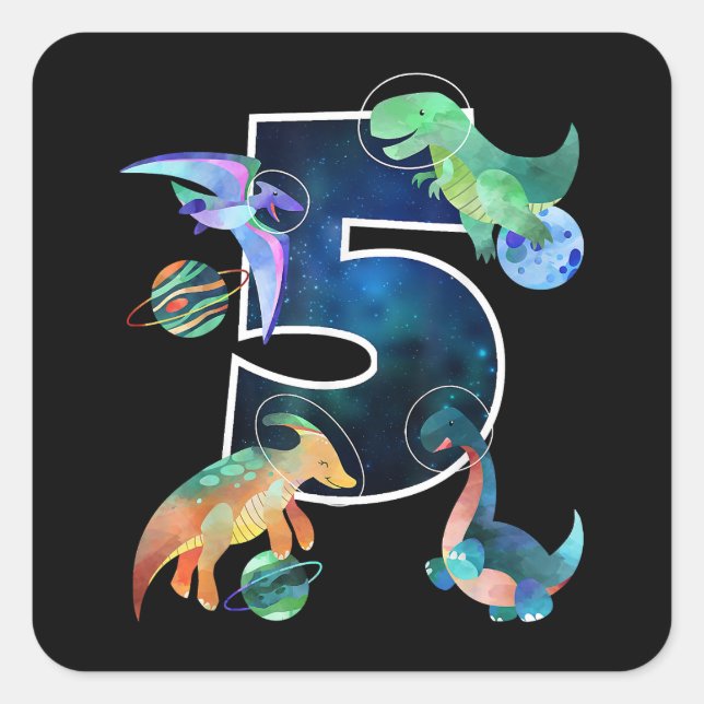 Kids Astronaut Outer Space Dinosaurs 5th Birthday  Square Sticker (Front)