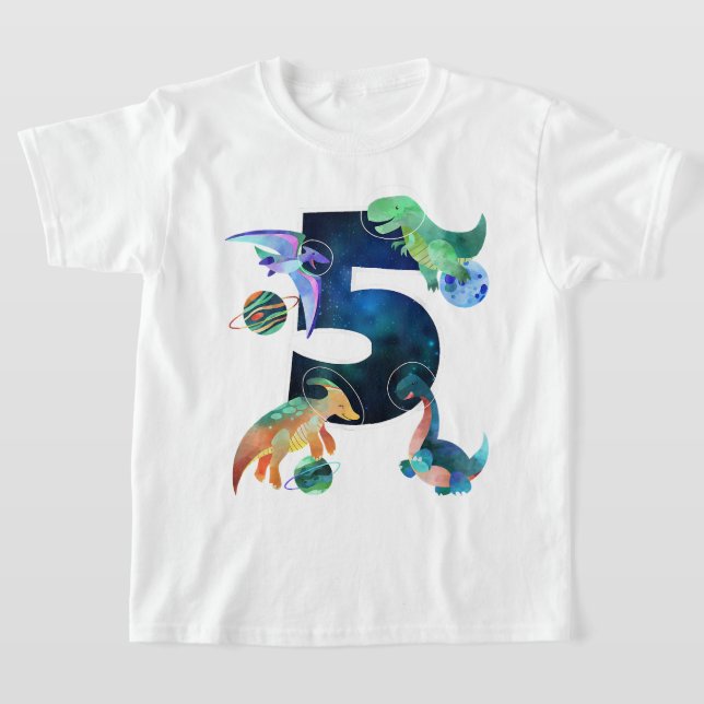 Kids Astronaut Outer Space Dinosaurs 5th Birthday  T-Shirt (Laydown)