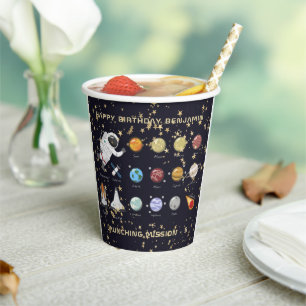 Kids Astronaut Solar System Monogram Glitter Star Paper Cups