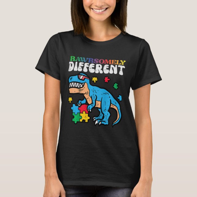 Kids Autism Awareness Dino Rawrsomely Different Tr T-Shirt (Front)