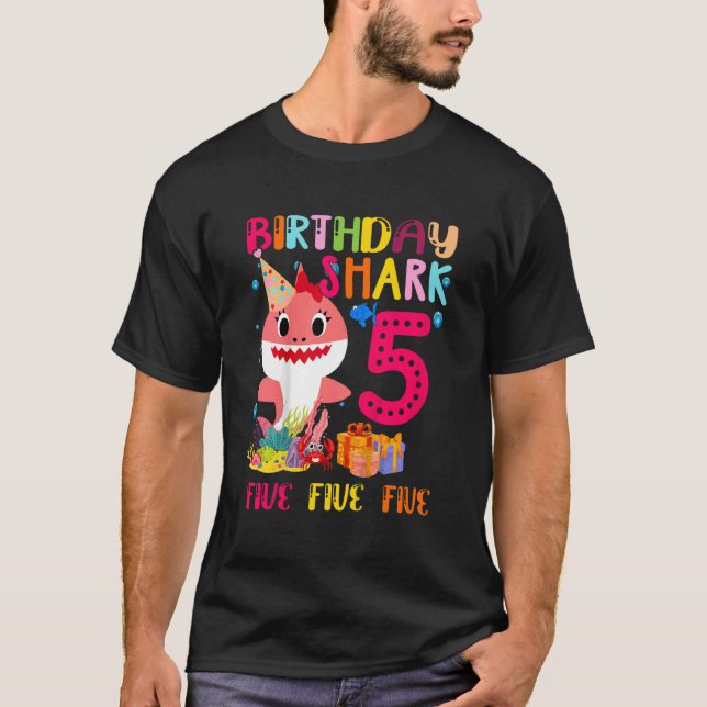 Kids Baby Cute Pink Shark 5th Birthday 5 Years Old T-Shirt (Front)