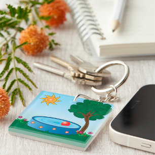 Kids Backyard Pool Scene with Sun Tree Keychain