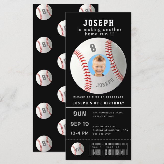 Kids Baseball Custom Photo Sport Ticket Invitation (Front/Back)