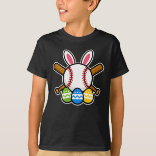 Kids Baseball Player Easter Bunny Ears Eggs Boys T-Shirt