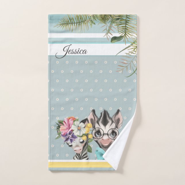 Kids bathroom Cute zebras in love floral blue text Hand Towel (Hand Towel)