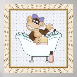 Kids Bathroom Monkey Cartoon Poster