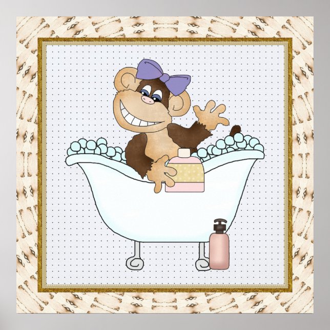Kids Bathroom Monkey Cartoon Poster (Front)