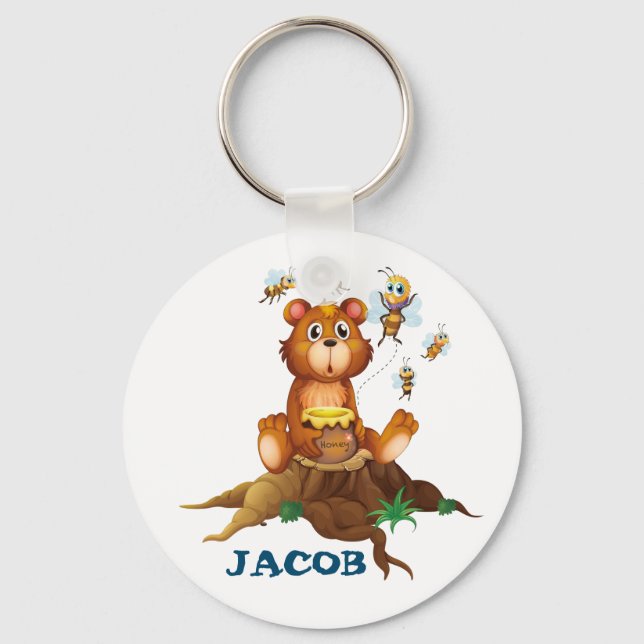 Kids Bear and Honey Personalised Keychain (Front)
