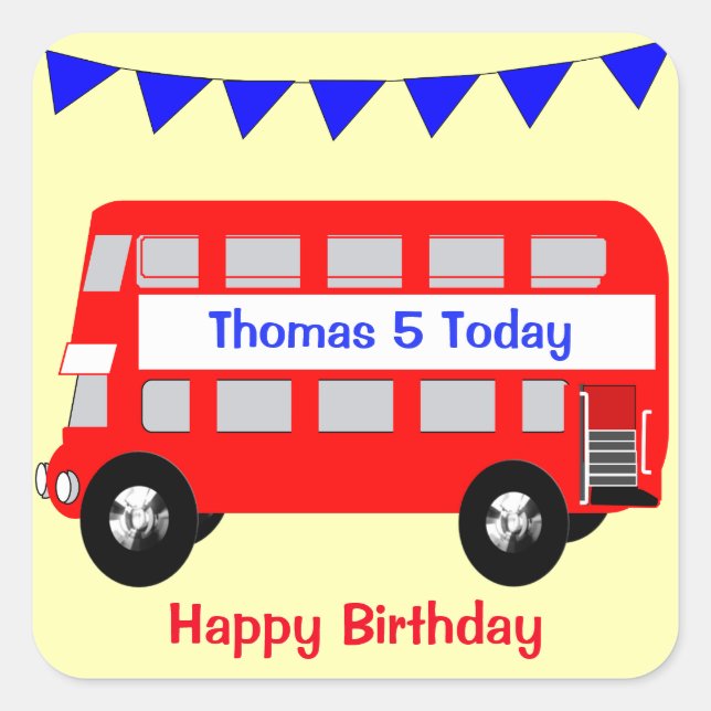 Kids Big Red Bus Happy Birthday Square Sticker (Front)