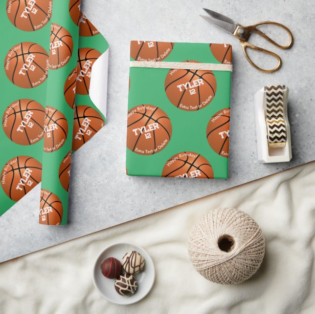 Kid's Birthday, Basketball, Name Age, Green Wrapping Paper (Crafts)