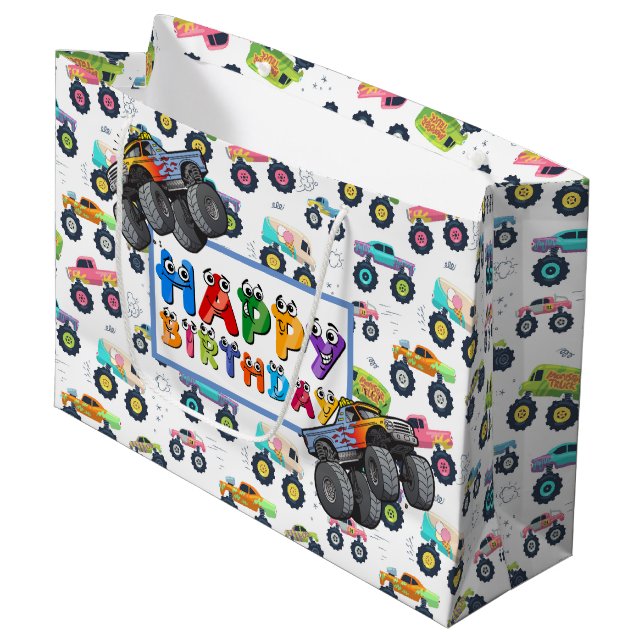 Kids Birthday Big Wheel Car And Trucks Large Gift Bag (Front Angled)