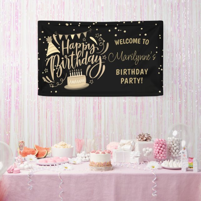 Kid's Birthday Black Gold Glitter Welcome Banner (Party)