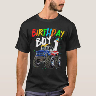 Kids Birthday Boy 1 Year Old Monster Truck Flag 1S T-Shirt