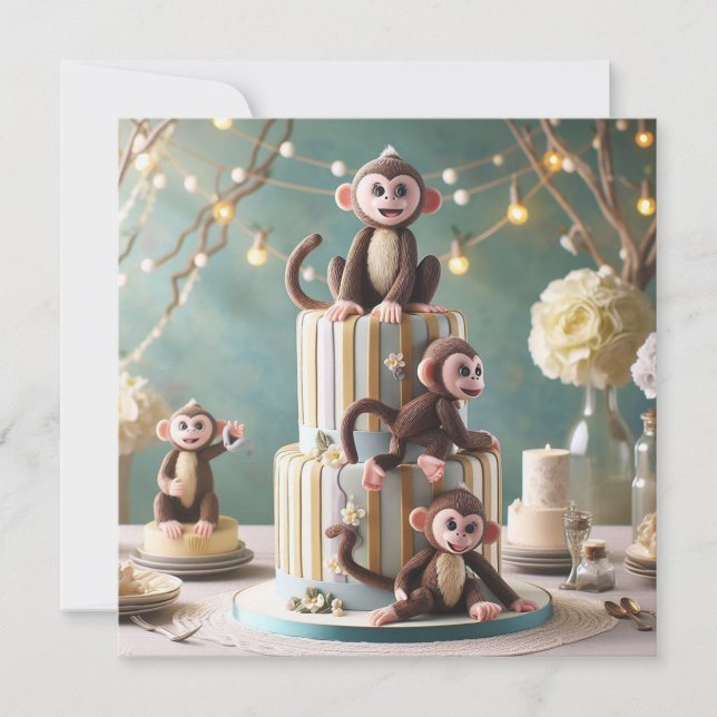 KIDS BIRTHDAY CAKE WITH ADORABLE MONKEYS CARD (Front)