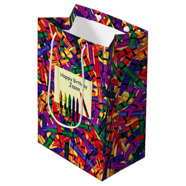 Kids Birthday Crayon Custom Name Medium Gift Bag (Front Angled)